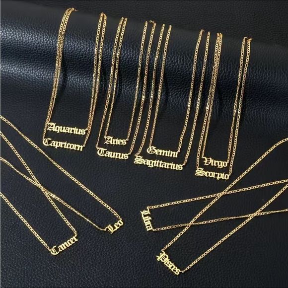 🐟 14k Gold 18” Figaro Zodiac Pisces Name Plate Necklace.(All 12signs available) - Picture 14 of 14